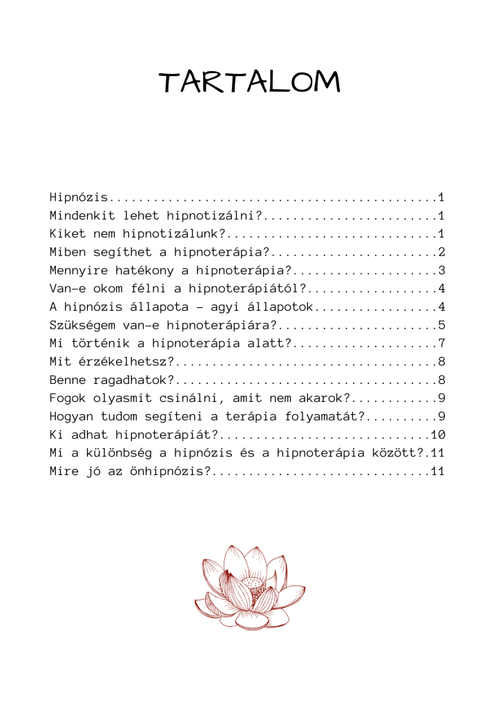 Hipnoterápia mini e-book tartalomjegyzéke